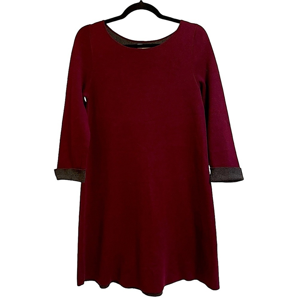 Artisan NY Wine Burgundy Sweater Dress 3/4 Cuffed Sleeves Gray Interior Size M